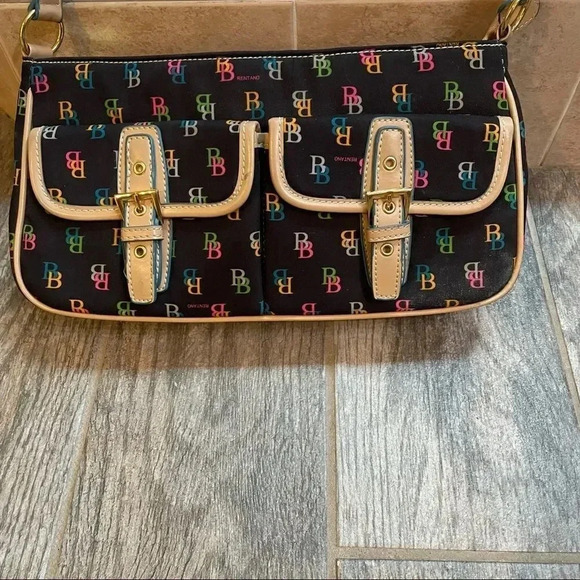 Brentano shoulder bag Purse Black with tan strap Logo print - Picture 3 of 10